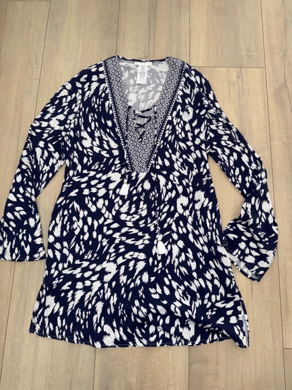 La Blanca Navy and White Lace-Up V-Neck Swim Coverup